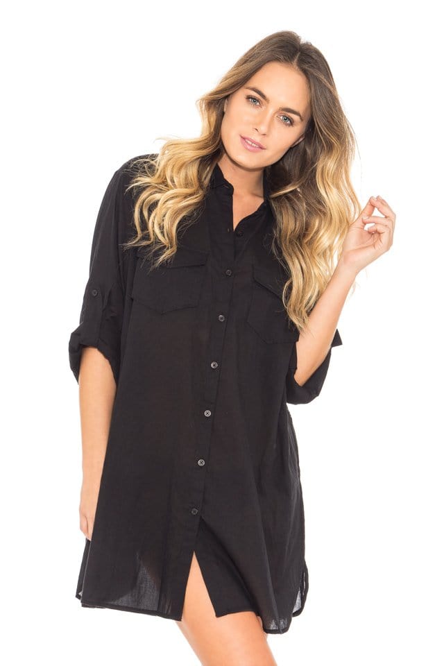 Sunseeker Basix Button Through Shirt SS90967 Splash Swimwear Kaftans & Cover Ups Black / XS 9318197111760